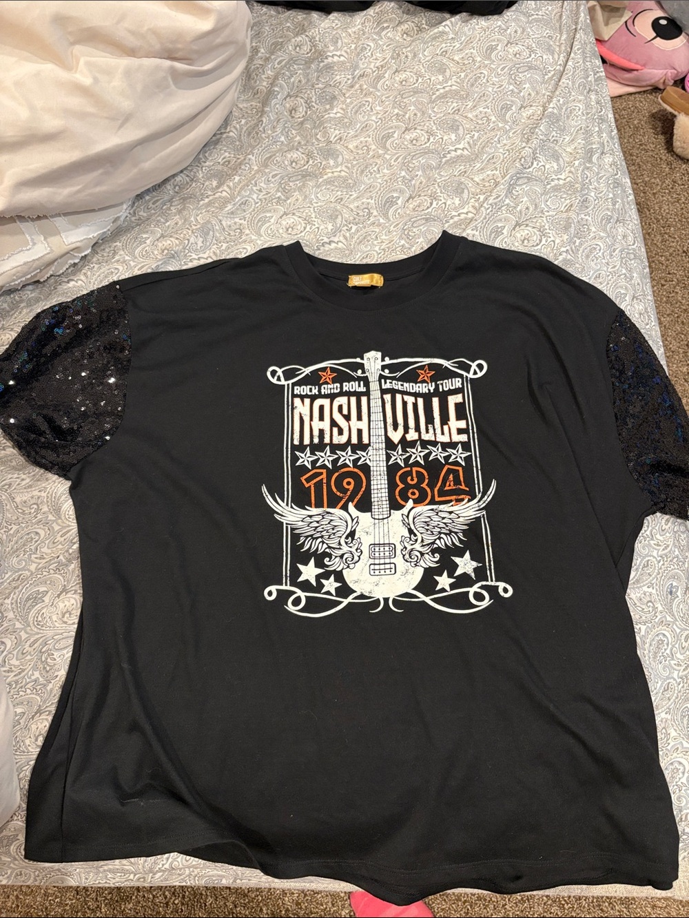 Nashville 1984 Graphic Tee with Sequin Sleeves - Black